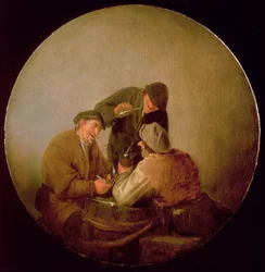 Drei Bauern trinken und rauchen in einem Innenraum